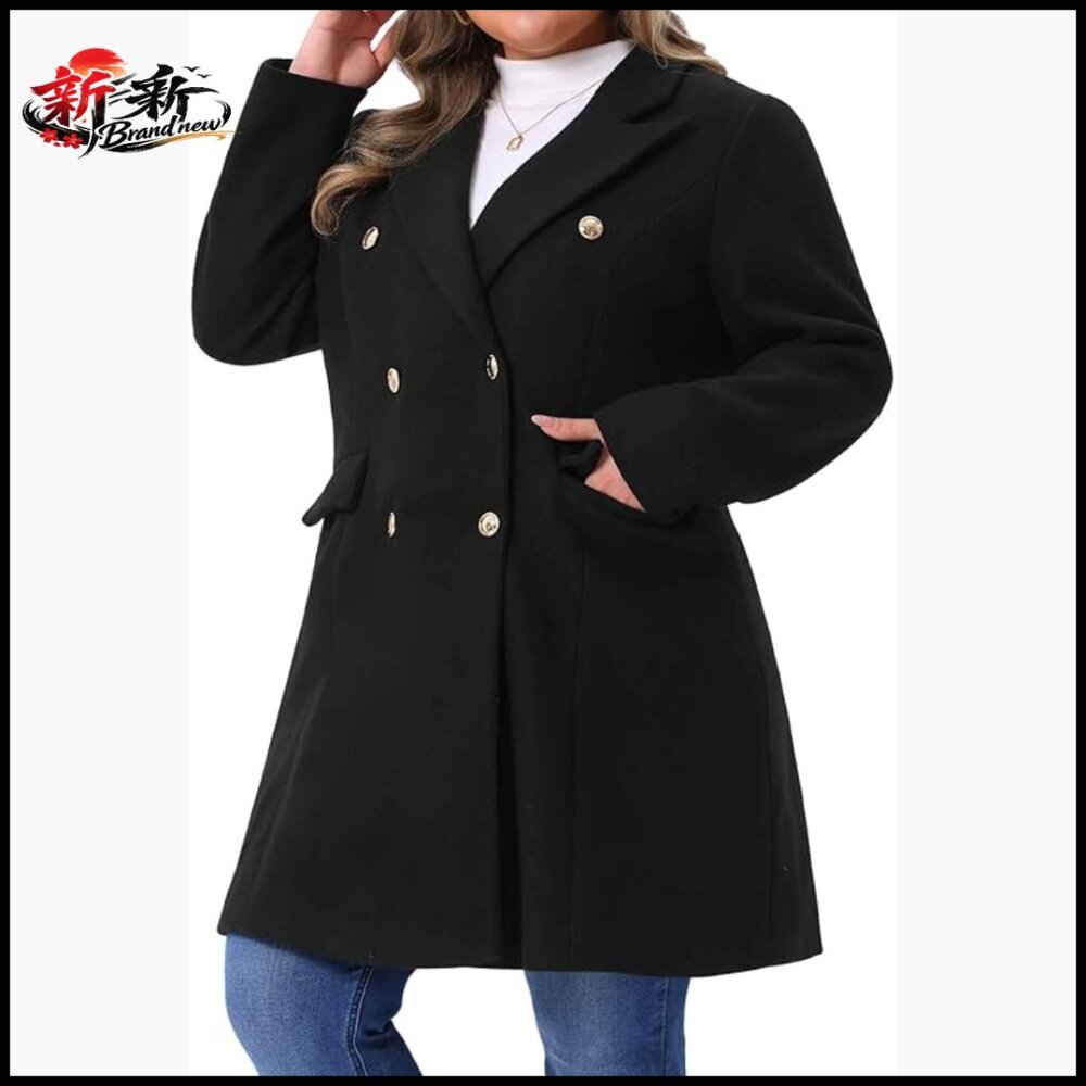 Polyester Pea Coat Double Breasted Notch Lapel Long Trench Winter Jacket